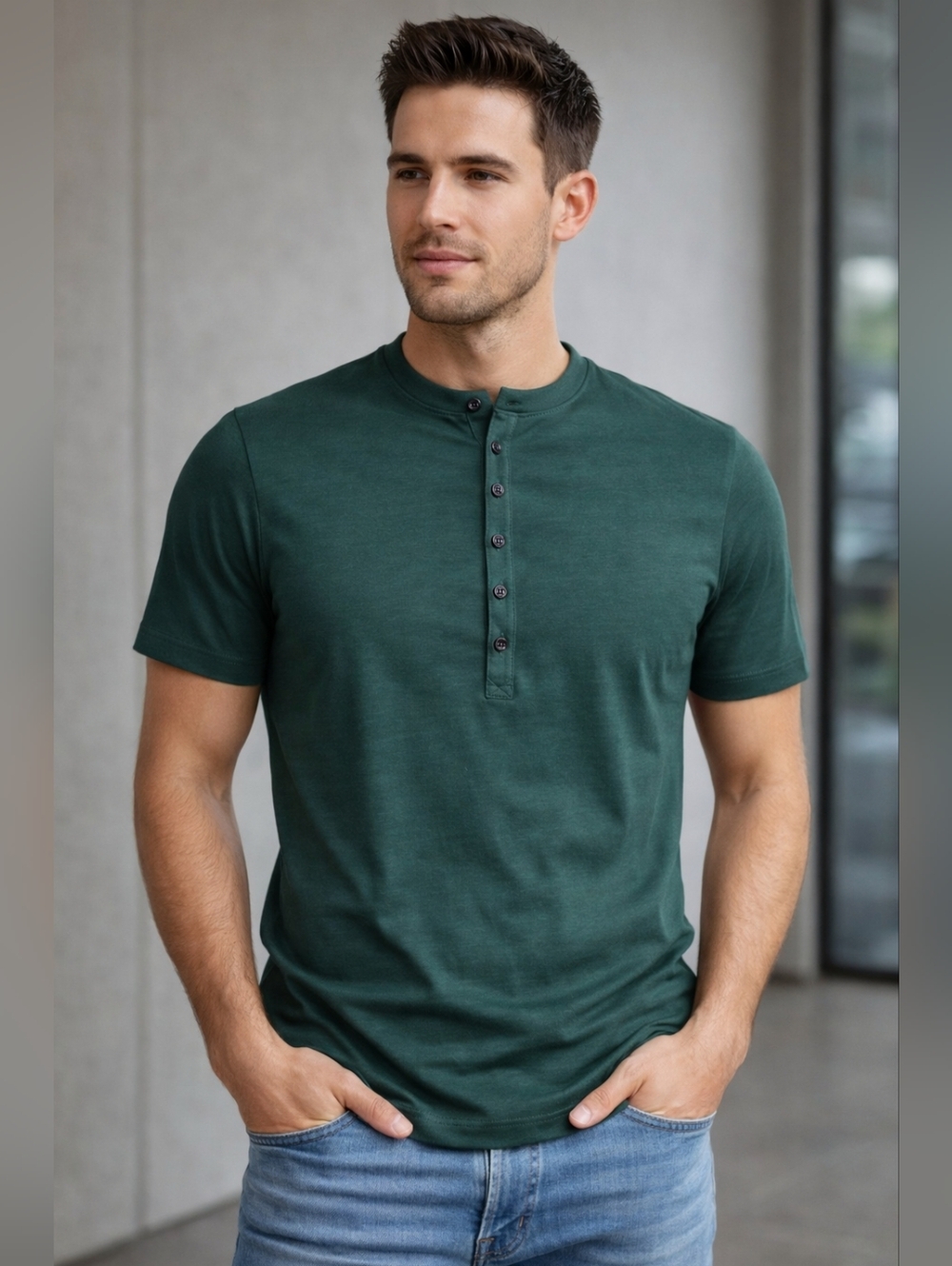 Men’s Green Henley Shirt Size Medium YID 7 Button Stretch Cotton Casual Tee